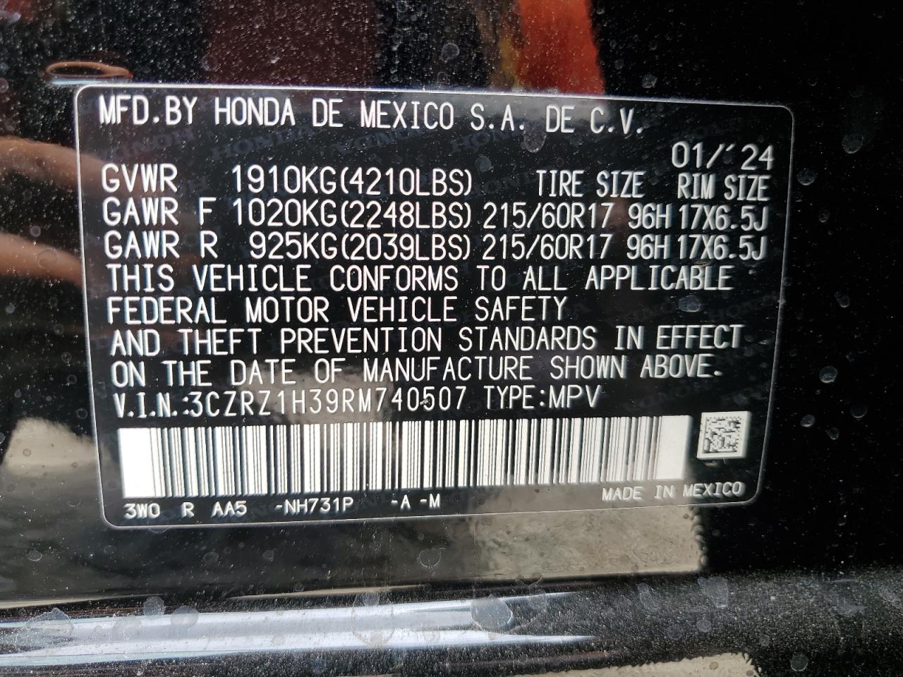 3CZRZ1H39RM740507 2024 Honda Hr-V Lx