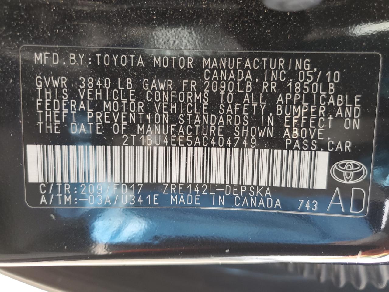 2T1BU4EE5AC404749 2010 Toyota Corolla Base