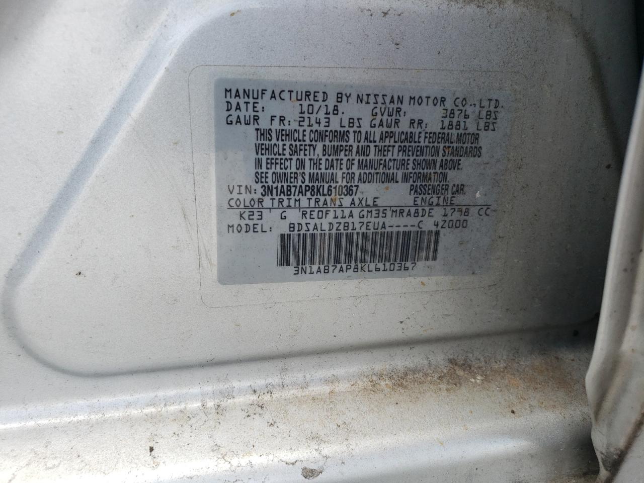 3N1AB7AP8KL610367 2019 Nissan Sentra S