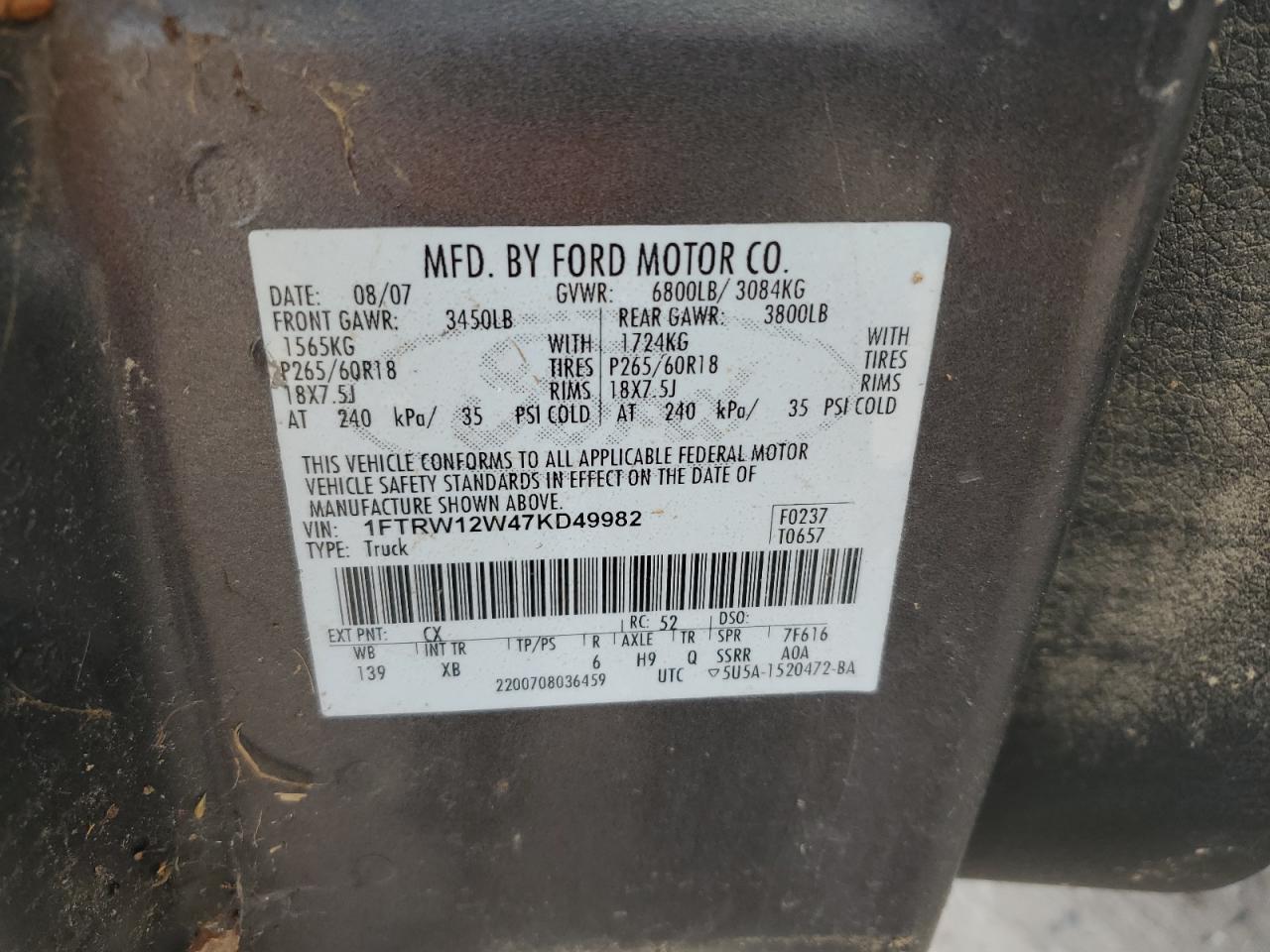 1FTRW12W47KD49982 2007 Ford F150 Supercrew