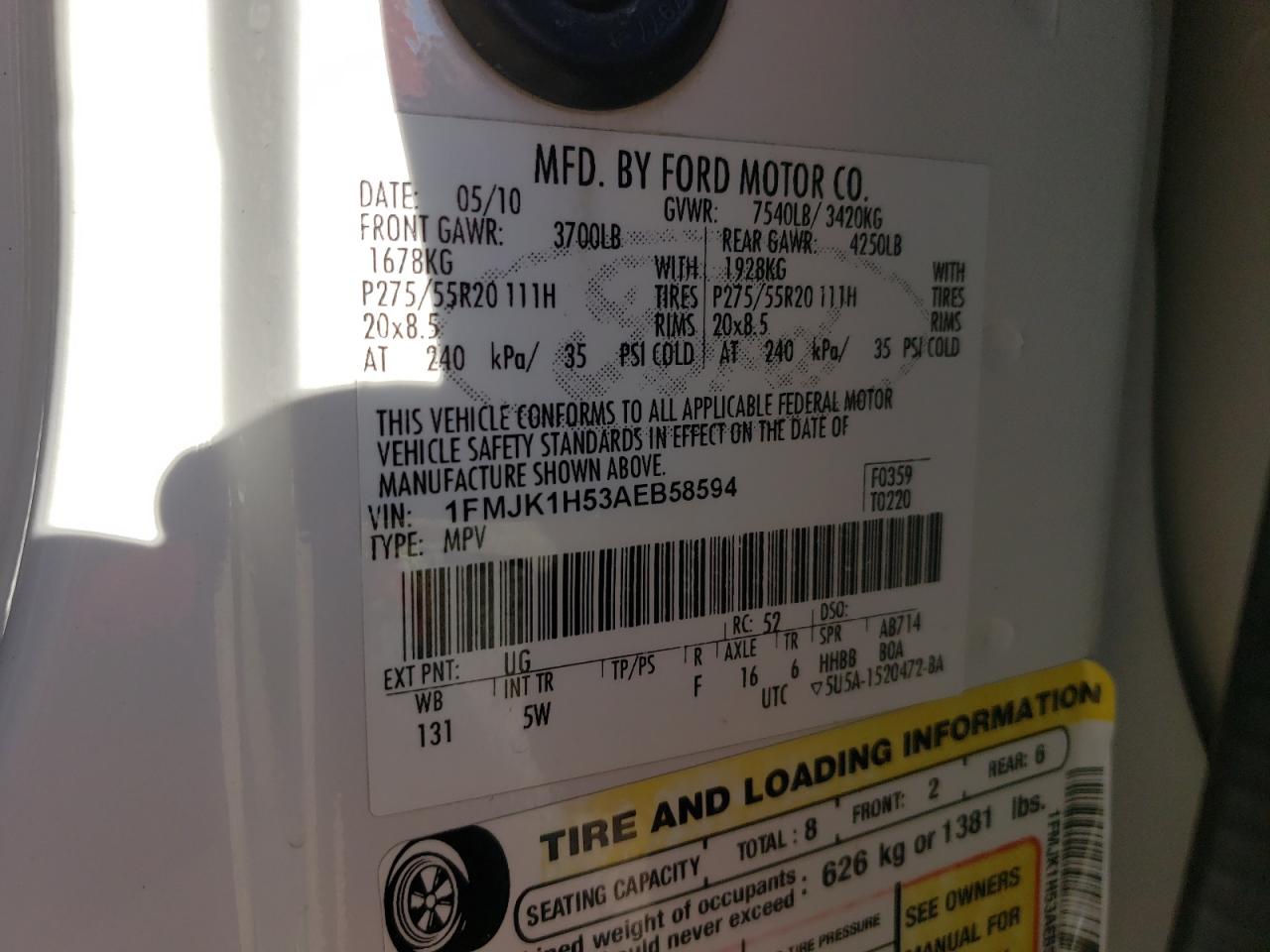 1FMJK1H53AEB58594 2010 Ford Expedition El Eddie Bauer