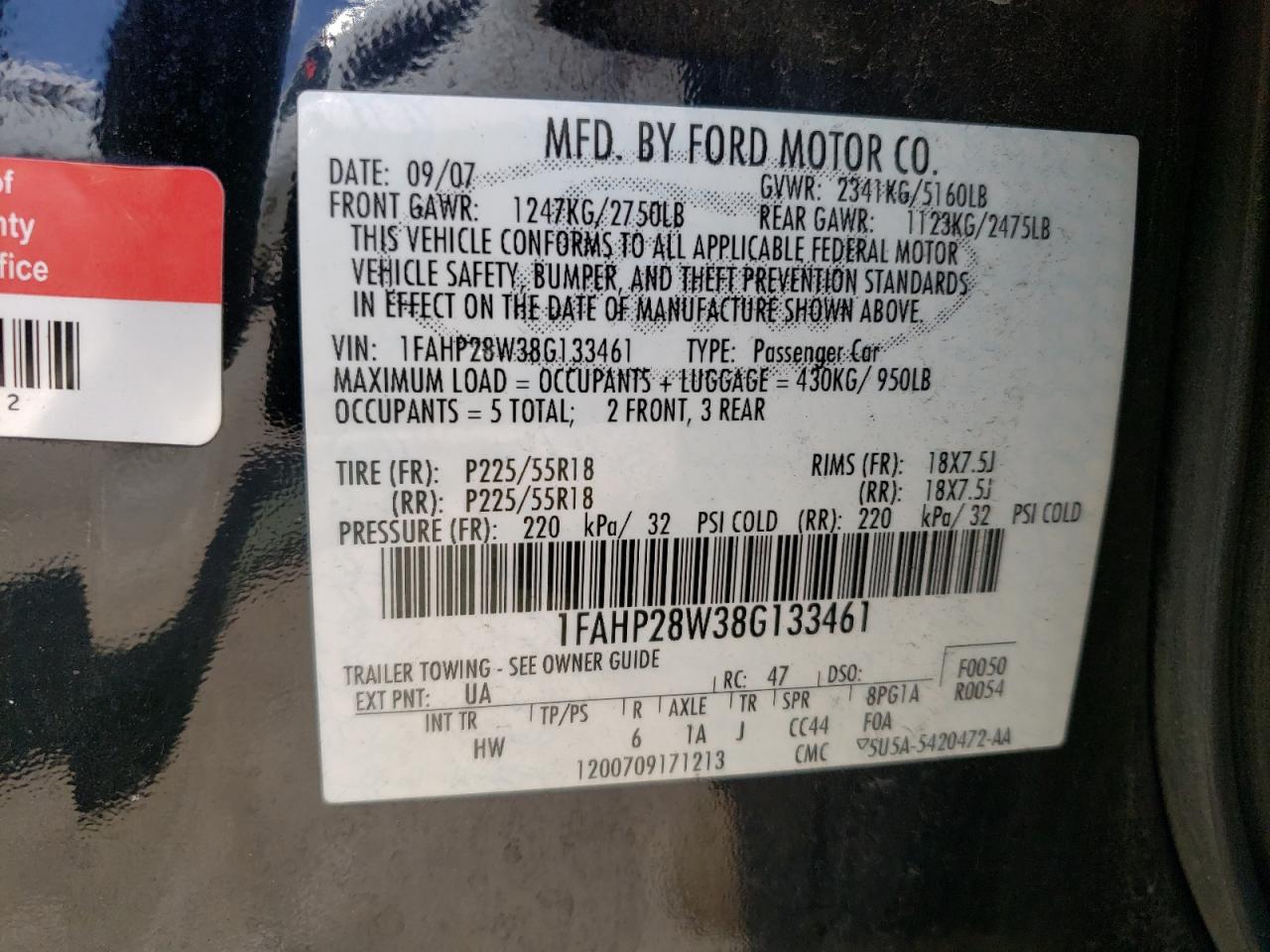 1FAHP28W38G133461 2008 Ford Taurus Limited