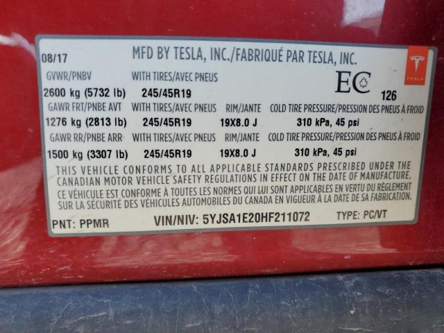 2017 Tesla Model S VIN: 5YJSA1E20HF211072 Lot: 56863894