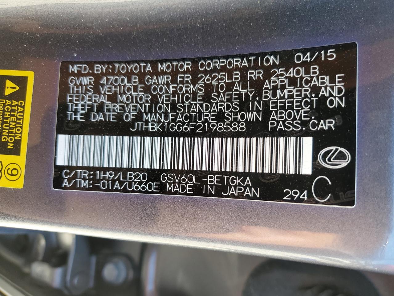 JTHBK1GG6F2198588 2015 Lexus Es 350