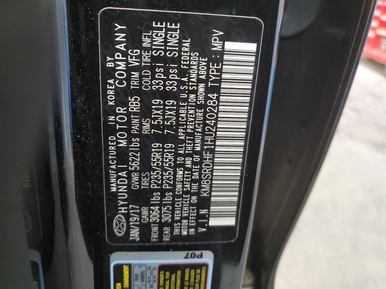 KM8SRDHF1HU240284 2017 Hyundai Santa Fe Se Ultimate