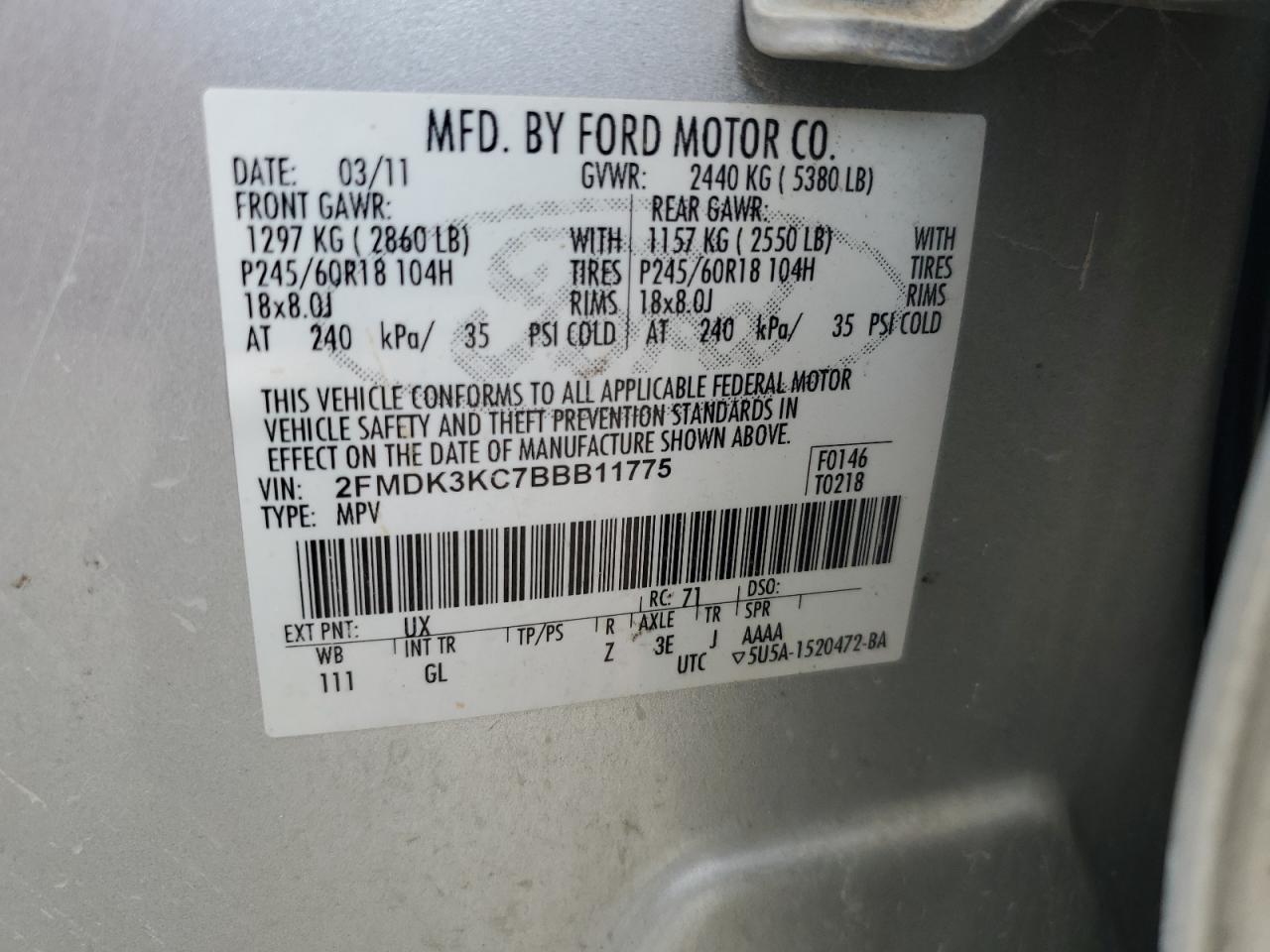2FMDK3KC7BBB11775 2011 Ford Edge Limited