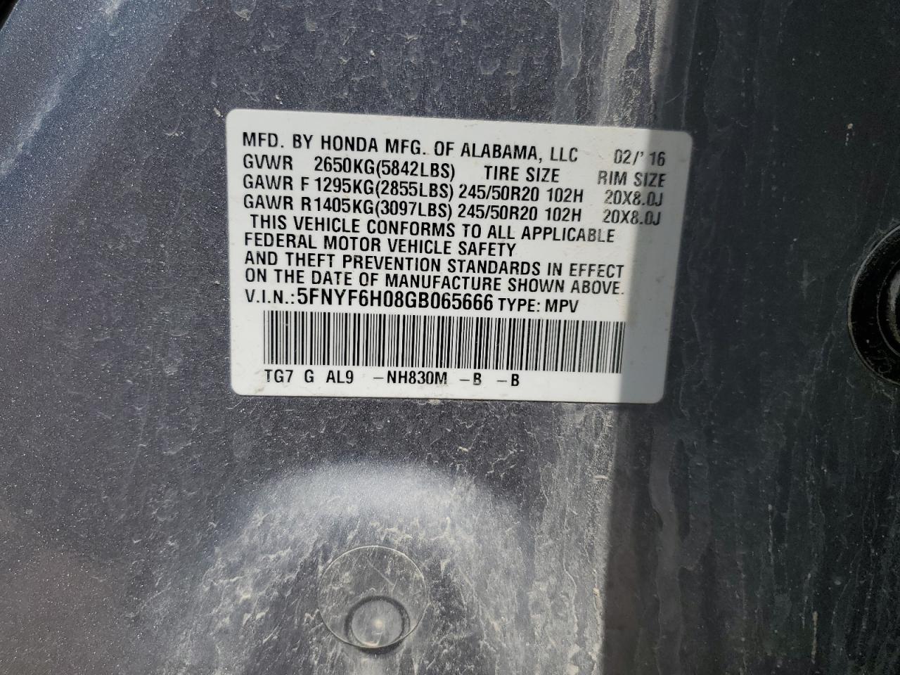 5FNYF6H08GB065666 2016 Honda Pilot Elite