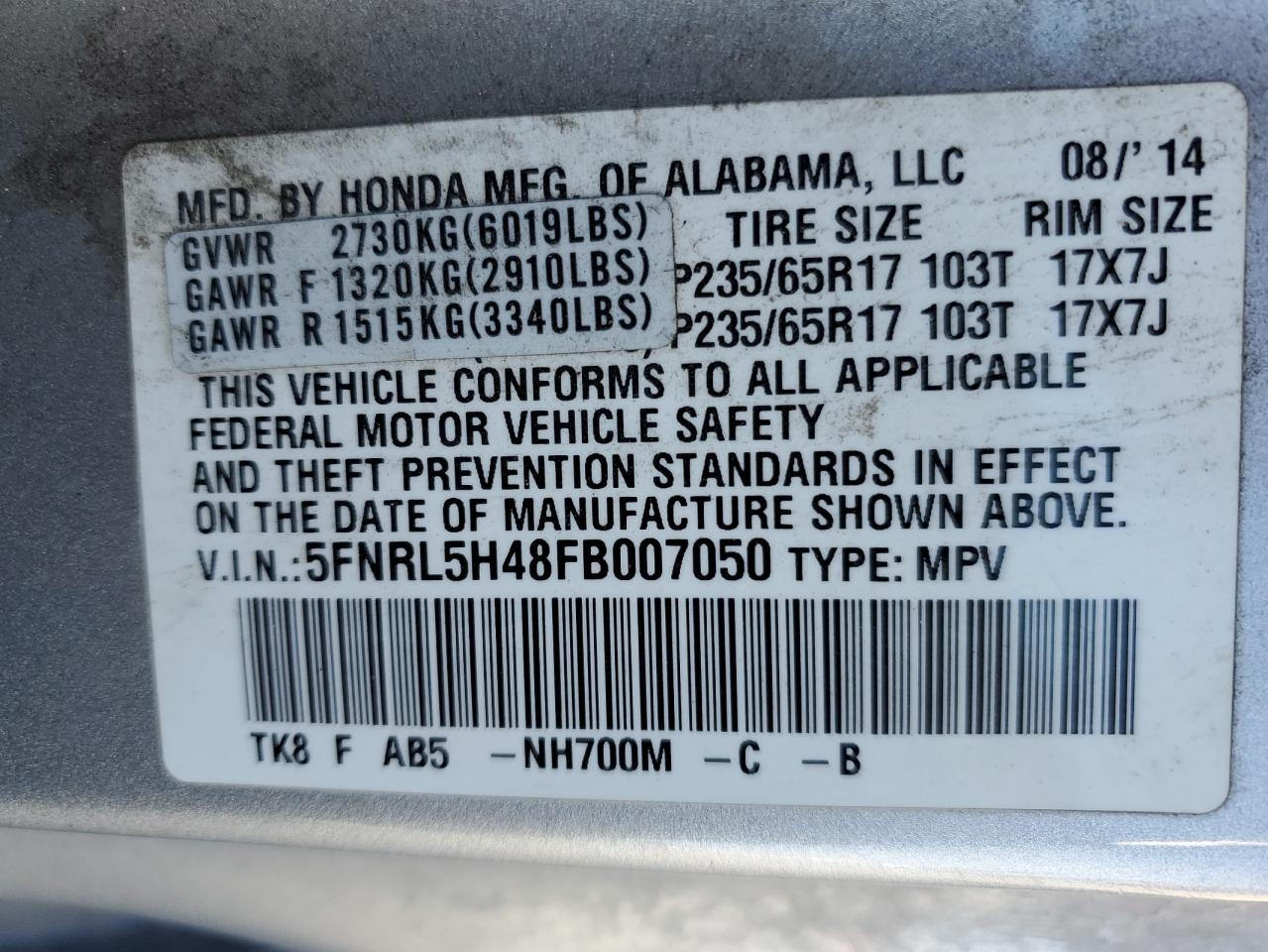 5FNRL5H48FB007050 2015 Honda Odyssey Ex