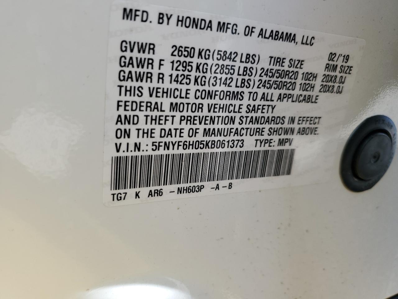 5FNYF6H05KB061373 2019 Honda Pilot Elite