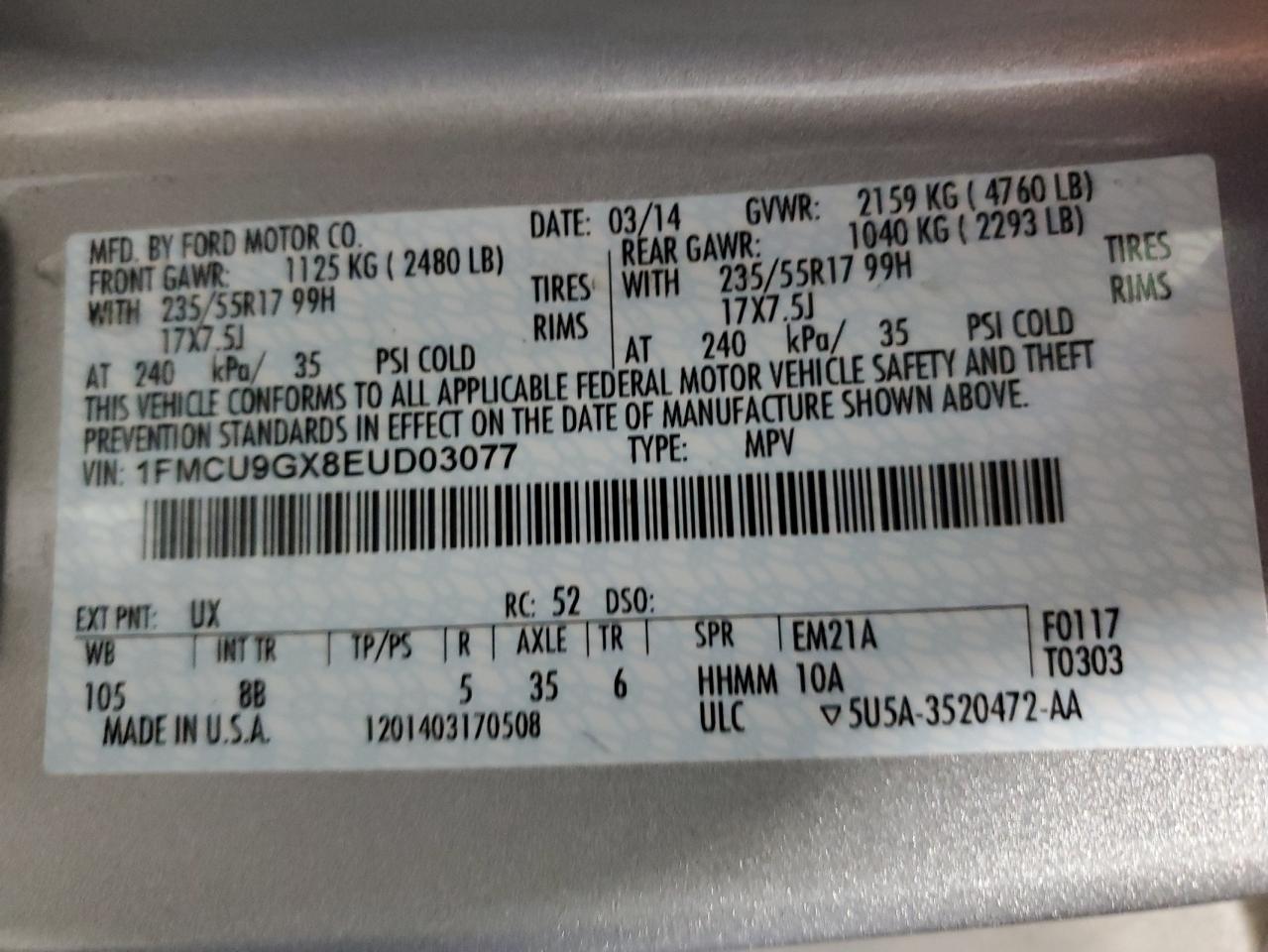 1FMCU9GX8EUD03077 2014 Ford Escape Se