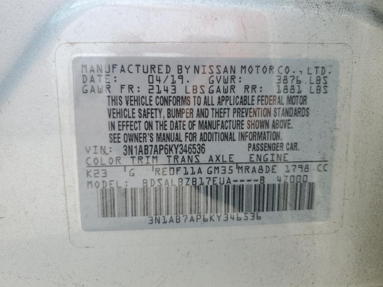 3N1AB7AP6KY346536 2019 Nissan Sentra S