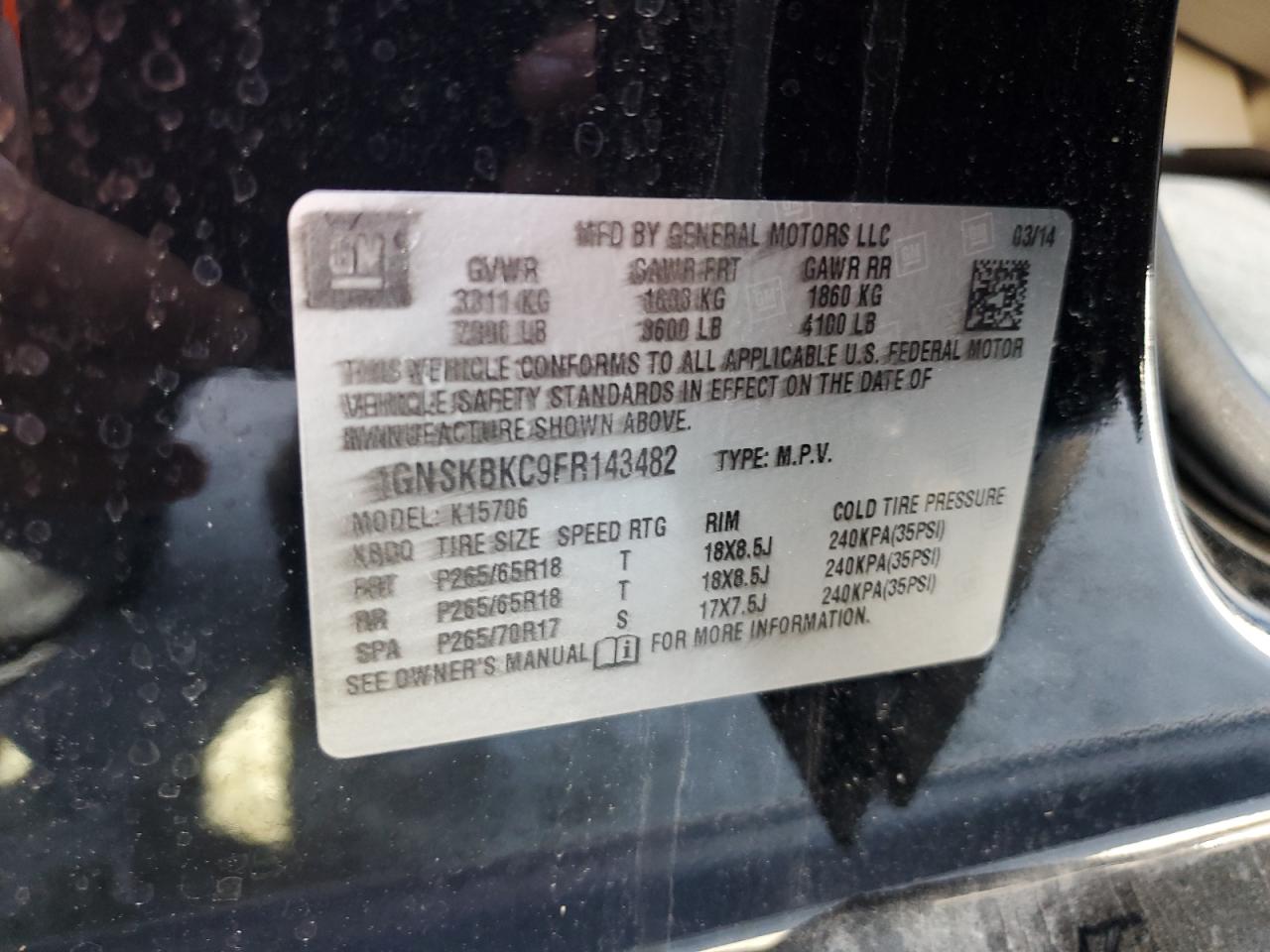 1GNSKBKC9FR143482 2015 Chevrolet Tahoe K1500 Lt