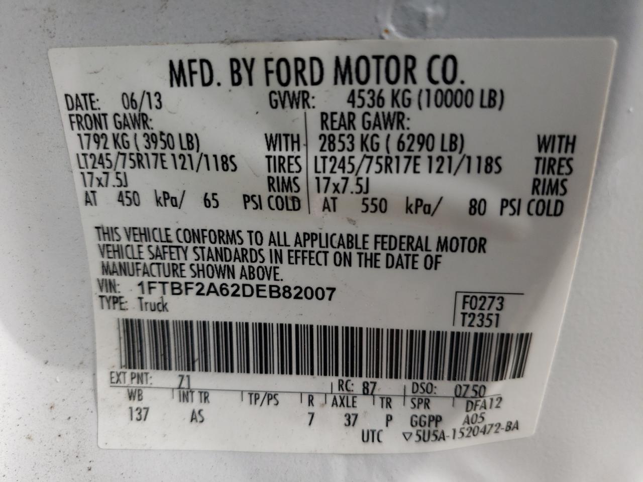 1FTBF2A62DEB82007 2013 Ford F250 Super Duty