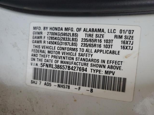 2007 Honda Odyssey Exl VIN: 5FNRL38657B427694 Lot: 55331064