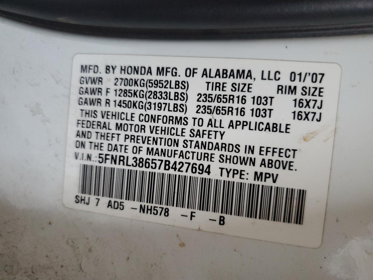 5FNRL38657B427694 2007 Honda Odyssey Exl