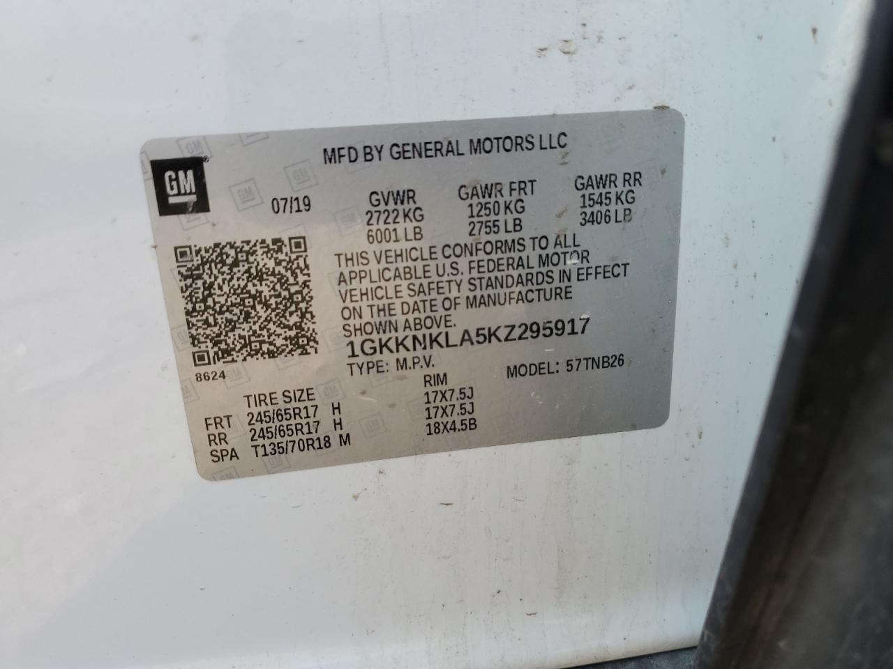 1GKKNKLA5KZ295917 2019 GMC Acadia Sle