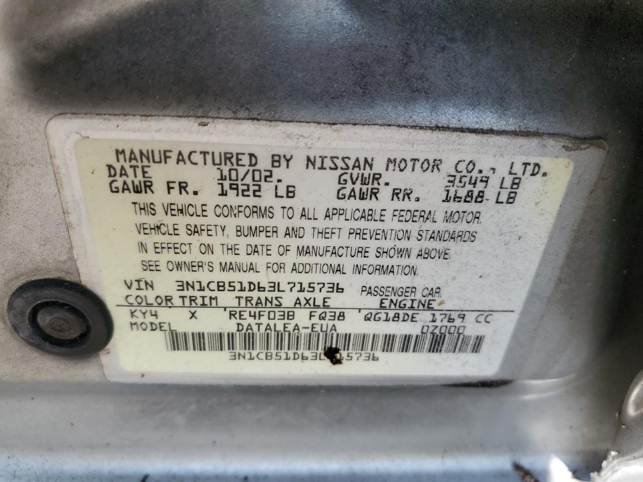 3N1CB51D63L715736 2003 Nissan Sentra Xe