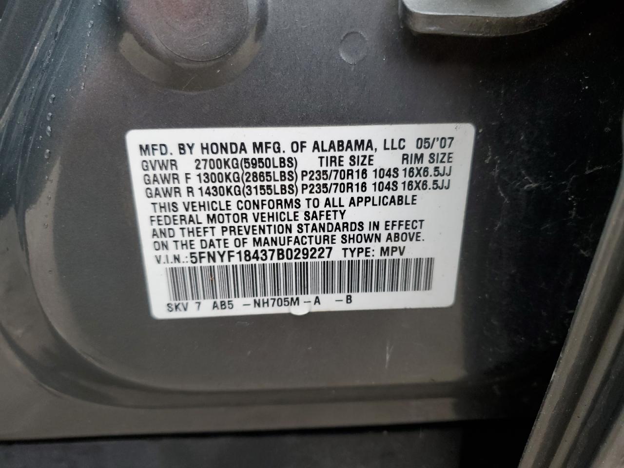 5FNYF18437B029227 2007 Honda Pilot Ex