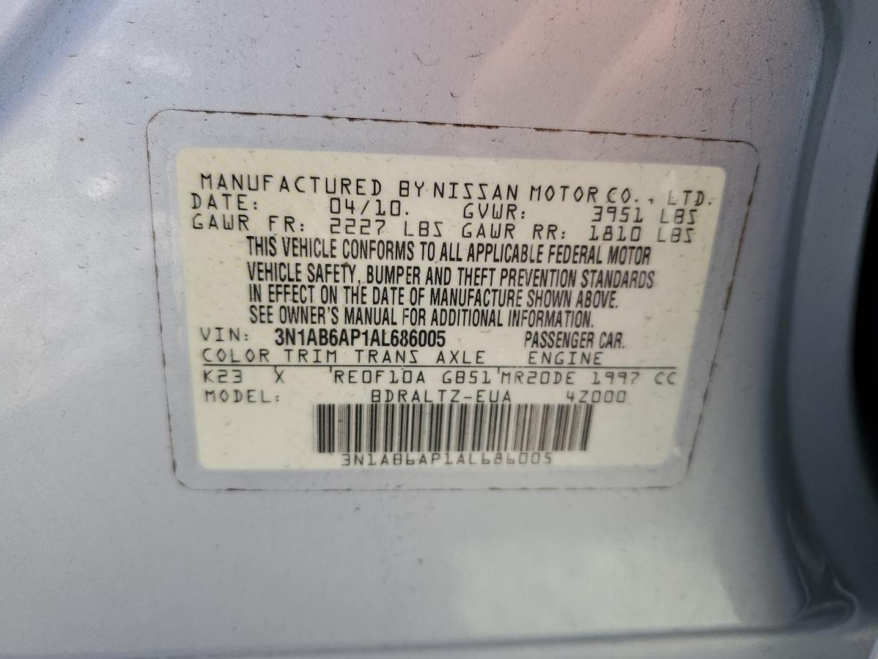 3N1AB6AP1AL686005 2010 Nissan Sentra 2.0