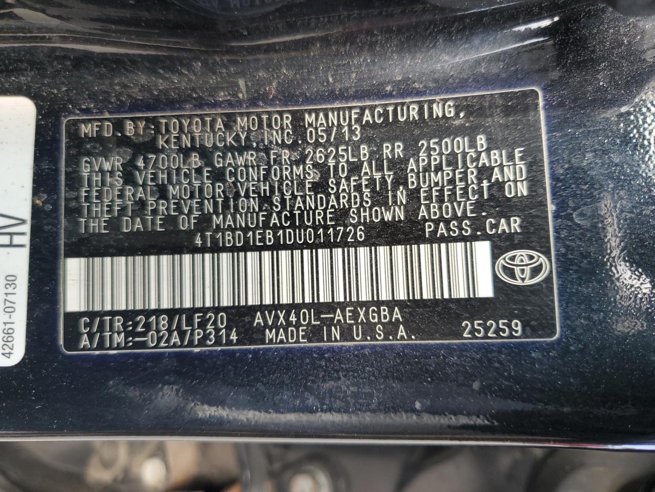 4T1BD1EB1DU011726 2013 Toyota Avalon Hybrid