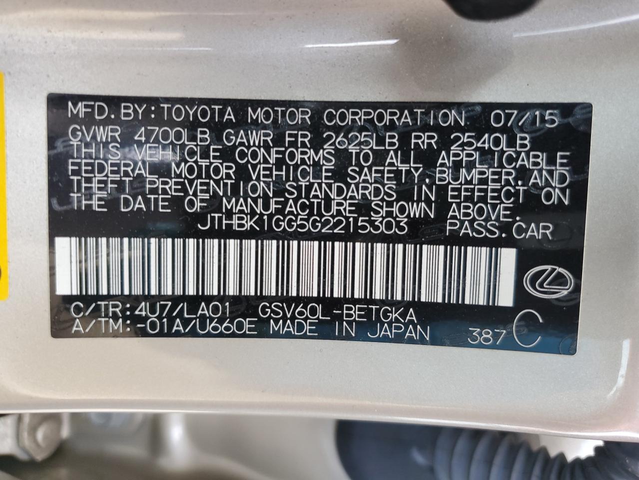 JTHBK1GG5G2215303 2016 Lexus Es 350