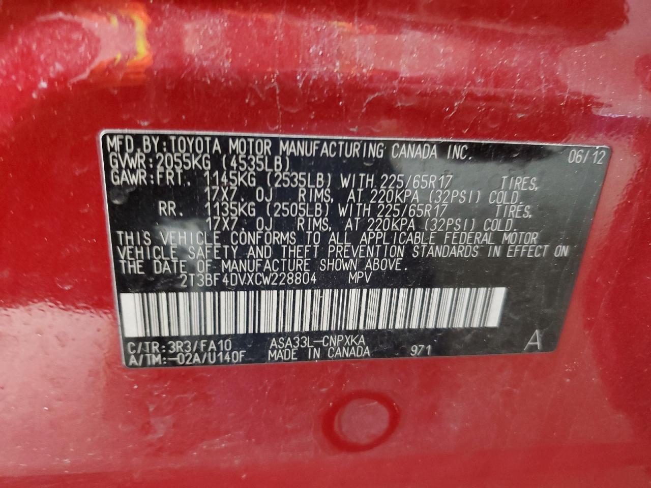 2T3BF4DVXCW228804 2012 Toyota Rav4