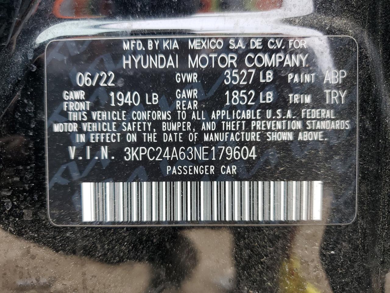 3KPC24A63NE179604 2022 Hyundai Accent Se