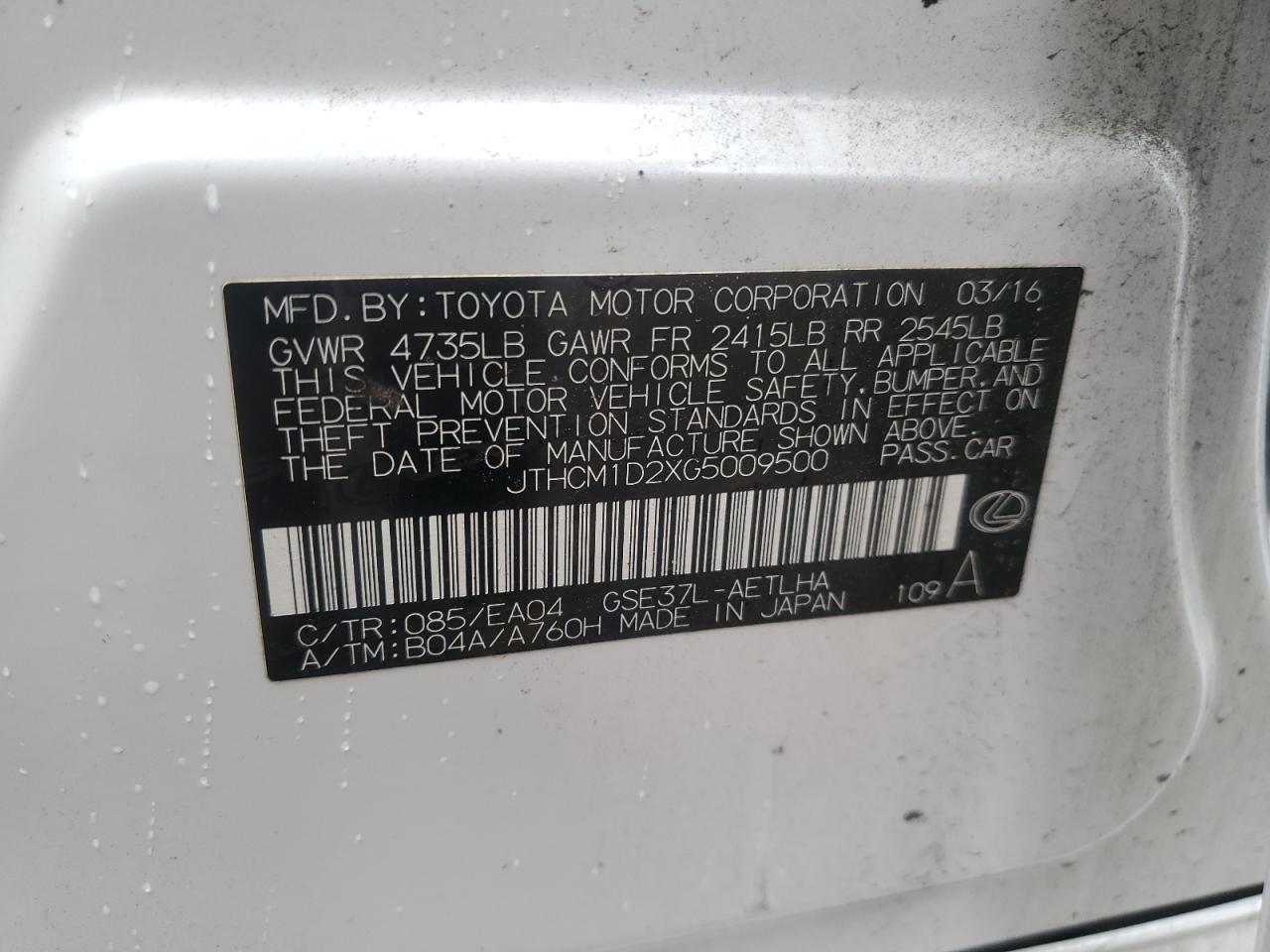 JTHCM1D2XG5009500 2016 Lexus Is 300