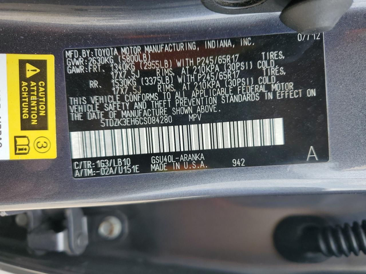 5TDZK3EH6CS084280 2012 Toyota Highlander Base