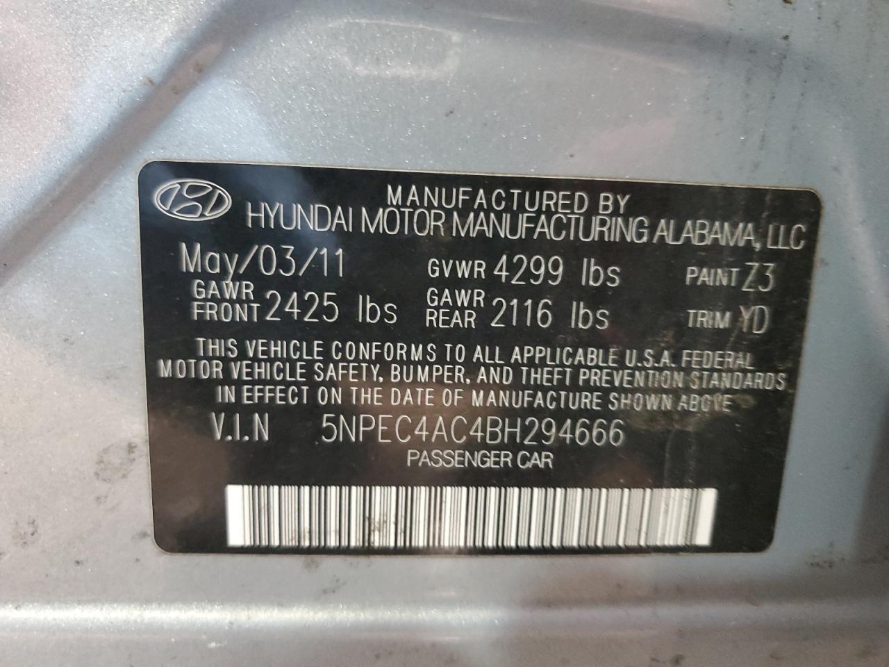 5NPEC4AC4BH294666 2011 Hyundai Sonata Se