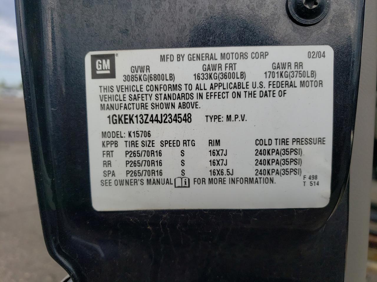 1GKEK13Z44J234548 2004 GMC Yukon