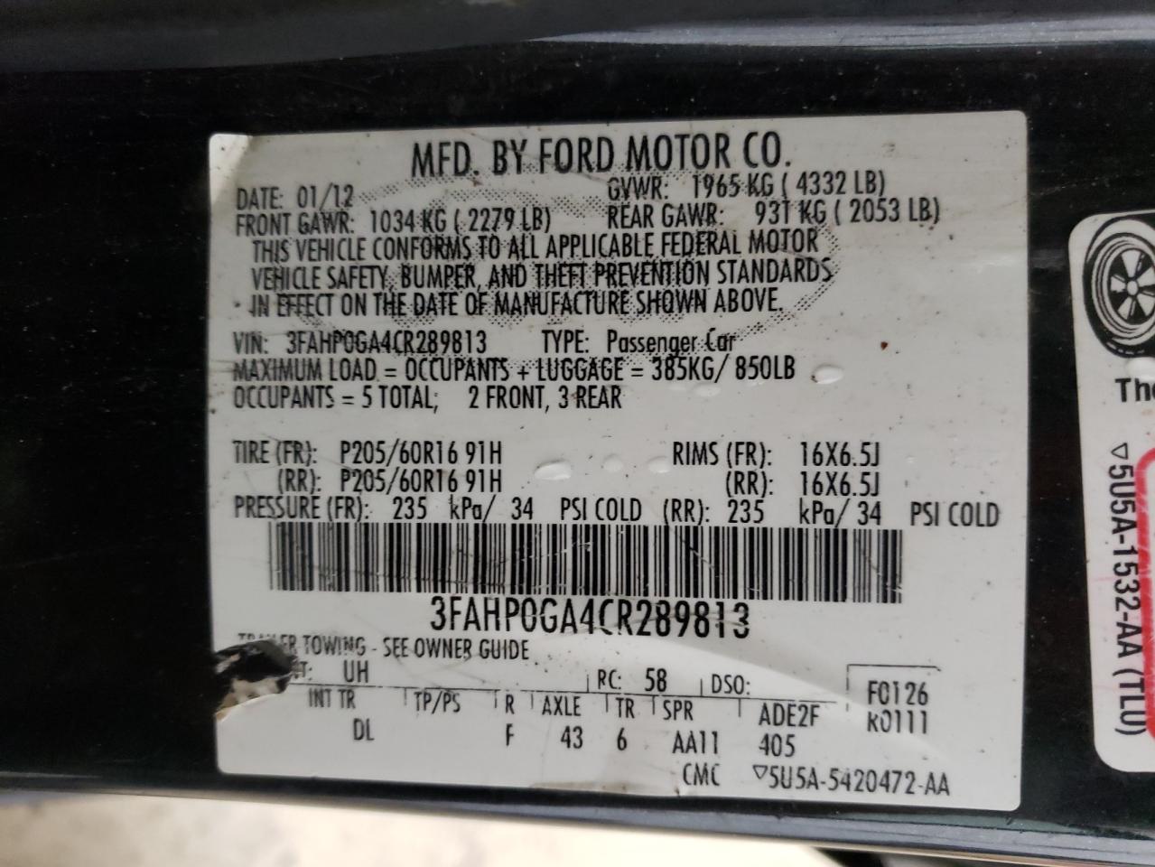 3FAHP0GA4CR289813 2012 Ford Fusion S