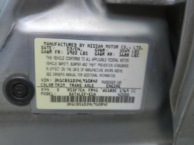 2004 Nissan Sentra 1.8 VIN: 3N1CB51D34L910842 Lot: 57072134