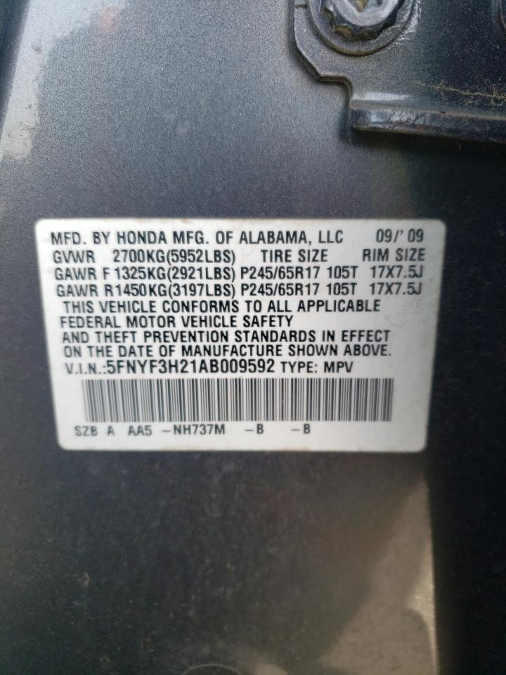 5FNYF3H21AB009592 2010 Honda Pilot Lx