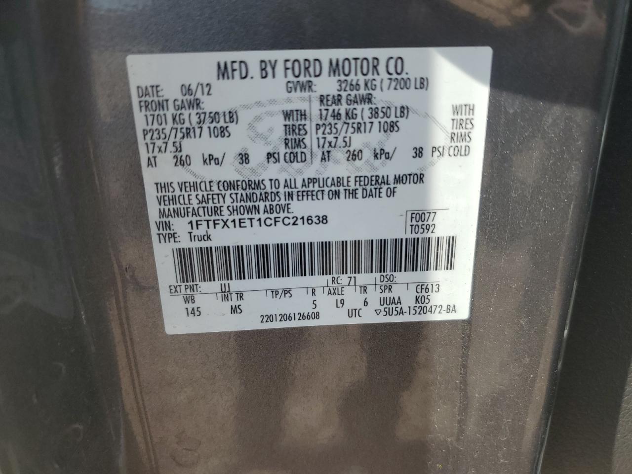 2012 Ford F150 Super Cab vin: 1FTFX1ET1CFC21638