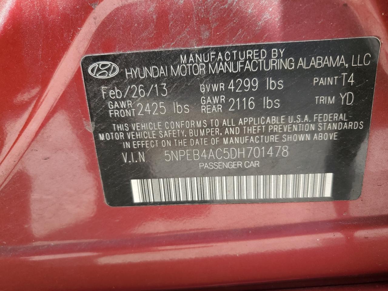 5NPEB4AC5DH701478 2013 Hyundai Sonata Gls