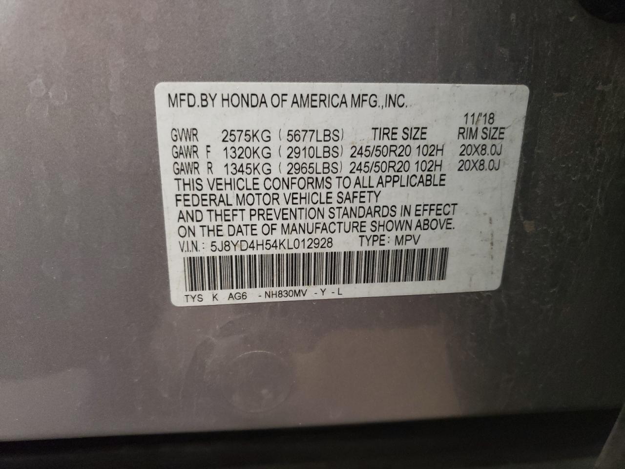 5J8YD4H54KL012928 2019 Acura Mdx Technology