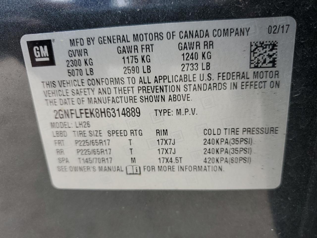 2GNFLFEK8H6314889 2017 Chevrolet Equinox Lt