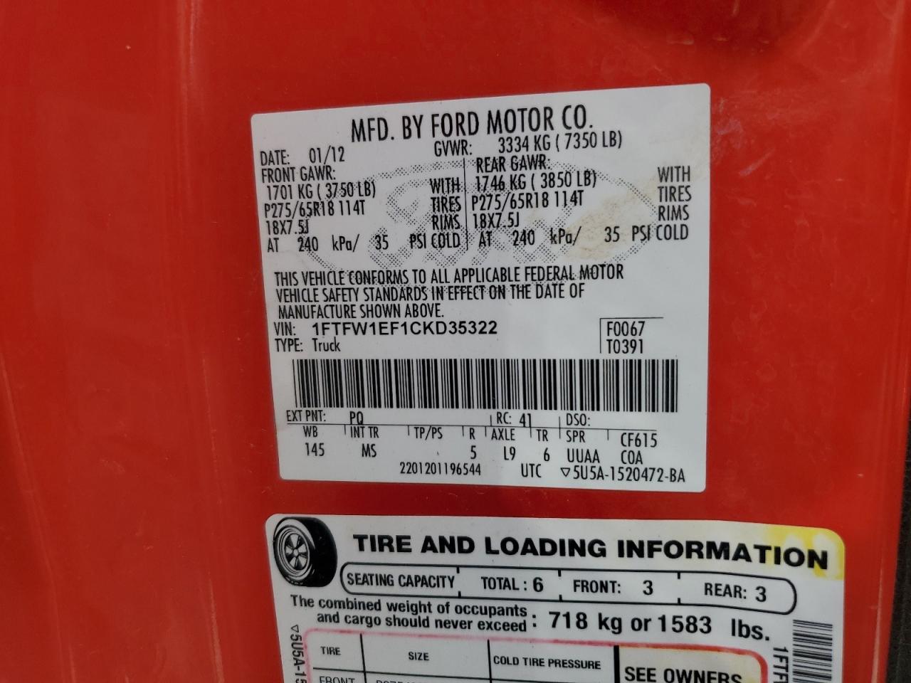 1FTFW1EF1CKD35322 2012 Ford F150 Supercrew