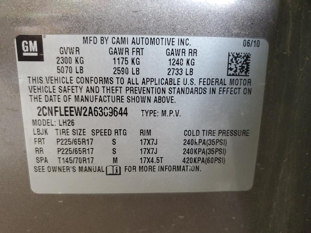 2CNFLEEW2A6389644 2010 Chevrolet Equinox Lt