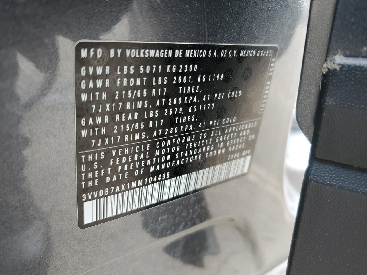 3VV0B7AX1MM104435 2021 Volkswagen Tiguan S