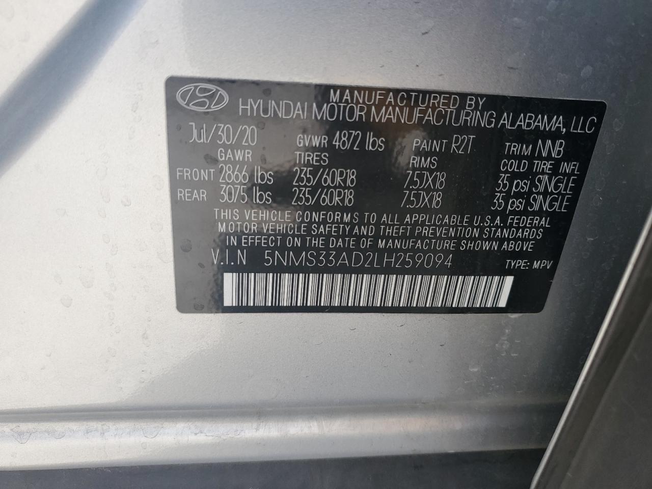 5NMS33AD2LH259094 2020 Hyundai Santa Fe Sel