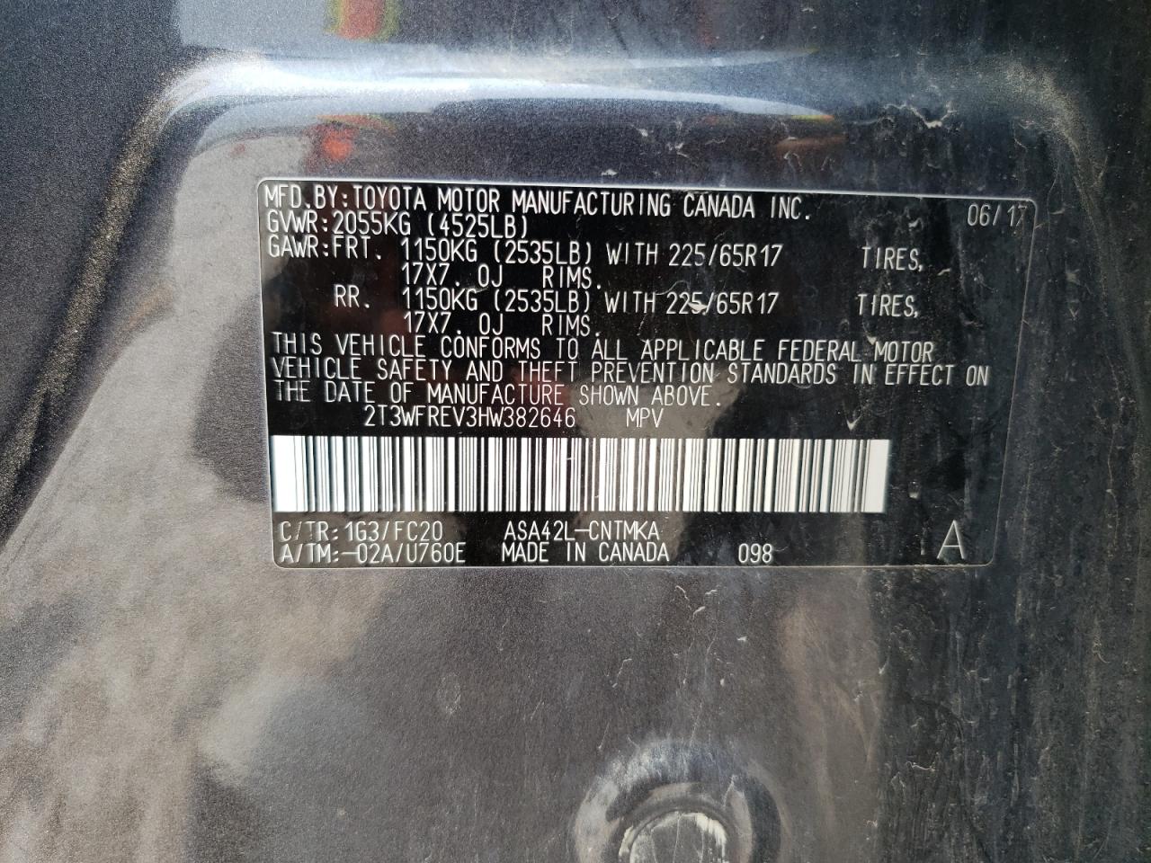 2T3WFREV3HW382646 2017 Toyota Rav4 Xle