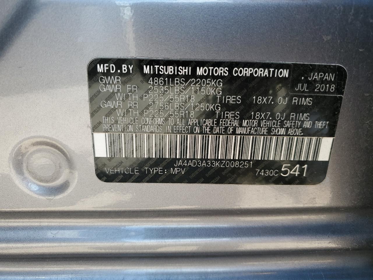 JA4AD3A33KZ008251 2019 Mitsubishi Outlander Se