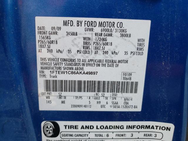 2010 Ford F150 Supercrew VIN: 1FTEW1C86AKA49897 Lot: 56351954