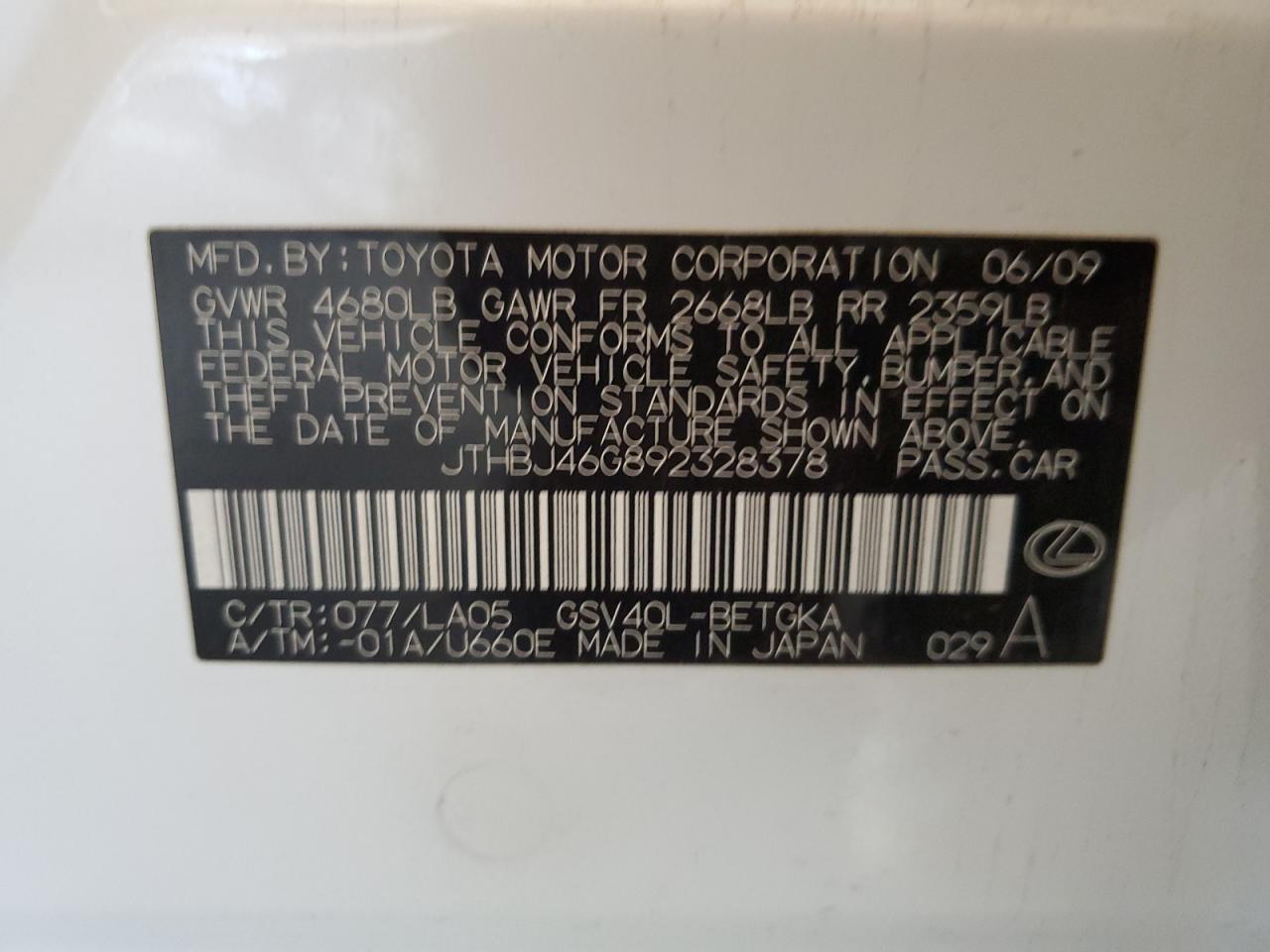 JTHBJ46G892328378 2009 Lexus Es 350