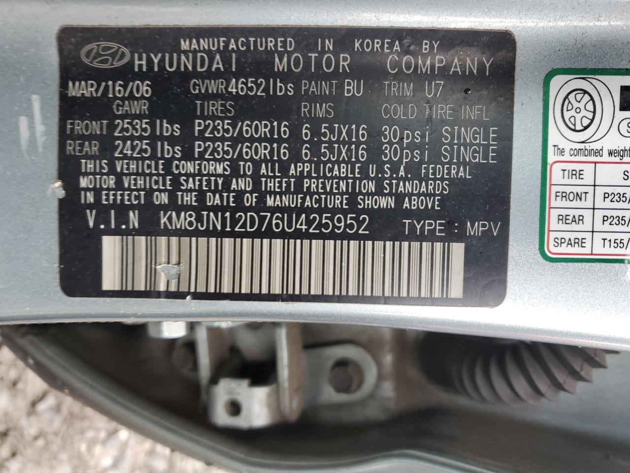 KM8JN12D76U425952 2006 Hyundai Tucson Gls