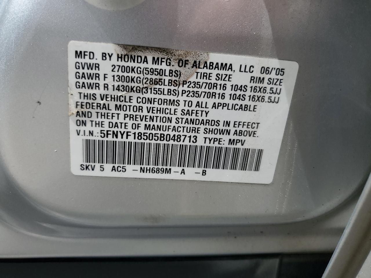 5FNYF18505B048713 2005 Honda Pilot Exl