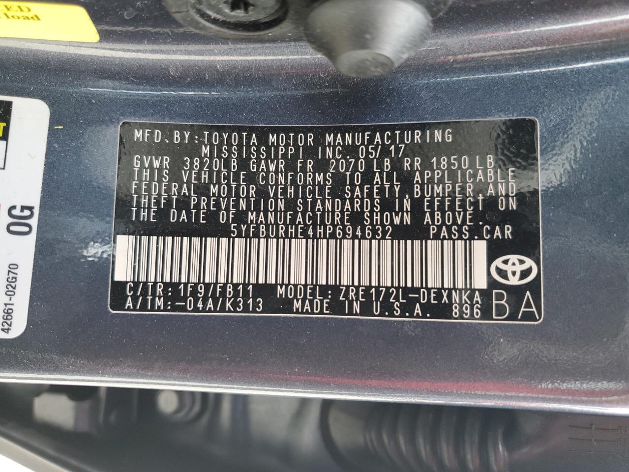 5YFBURHE4HP694632 2017 Toyota Corolla L