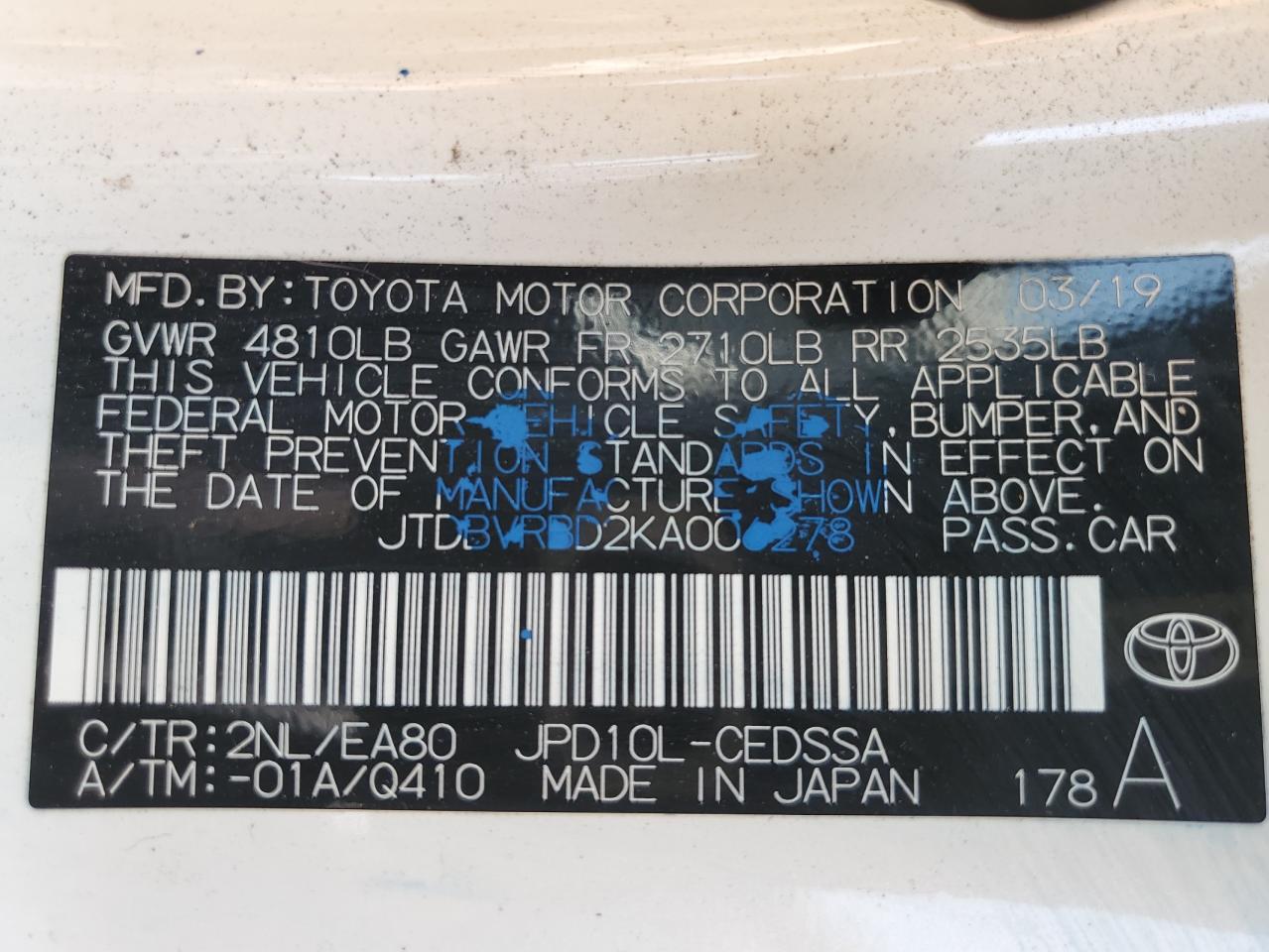 JTDBVRBD2KA006278 2019 Toyota Mirai